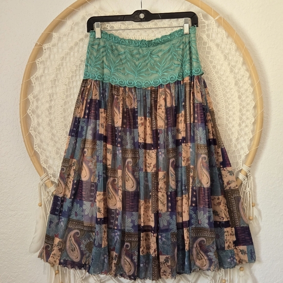 Vtg Y2K Bohemian Gypsy Patchwork Paisley Design Sheer Lace Midi Pull-on Skirt - Picture 6 of 10